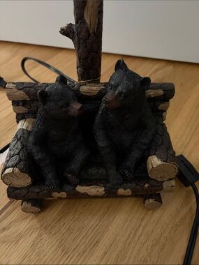 Black Bear Cub Figurine Pair on Log Bench - Decorative Accent